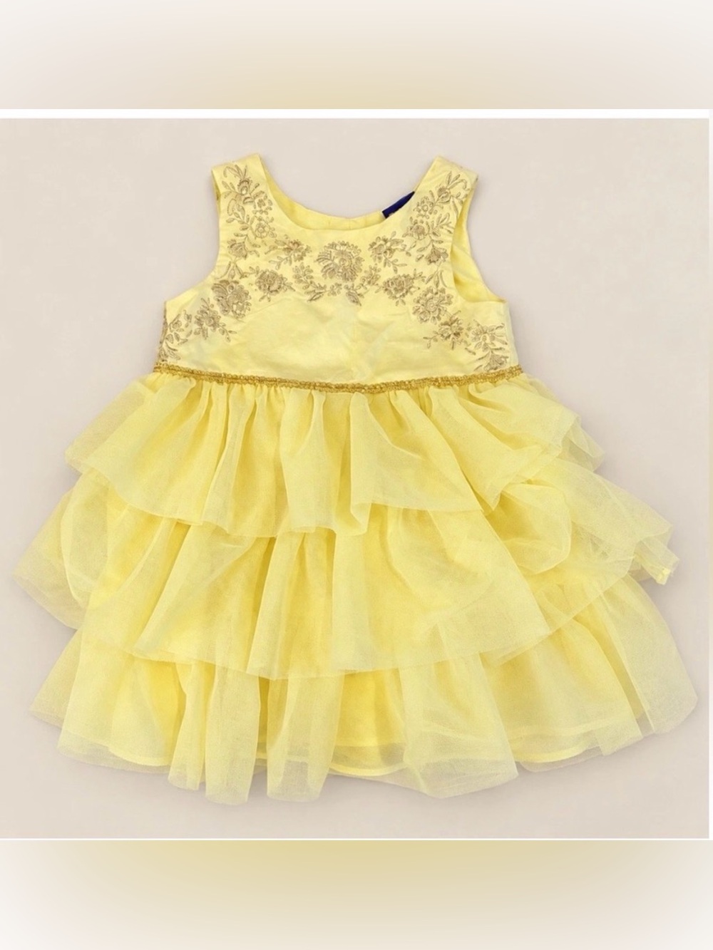 Disney Belle Yellow Tulle Dress Baby Girl 12M Gold Embroidered Halloween